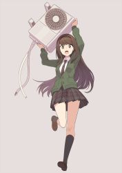 Rule 34 | 1girl, air conditioner, arms up, black hairband, black neckwear, black skirt, black socks, brown footwear, brown hair, cardigan, carrying, collared shirt, commentary request, copyright request, full body, grey background, hairband, highres, kneehighs, long hair, long sleeves, looking at viewer, plaid, plaid skirt, pleated skirt, running, school uniform, shirt, simple background, skirt, socks, solo, striped neckwear, tomioka jirou, v-shaped eyebrows, very long hair, white shirt, wing collar, yellow eyes