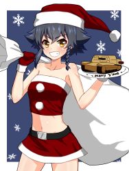 Rule 34 | 10s, 1girl, belt, black belt, black hair, blue background, braid, brown eyes, carro veloce cv-33, commentary request, cowboy shot, crop top, english text, girls und panzer, grin, hat, highres, holding, looking at viewer, merry christmas, microskirt, midriff, military, military vehicle, mittens, model tank, motor vehicle, outside border, pepperoni (girls und panzer), plate, red hat, red mittens, red shirt, red skirt, ruka (piyopiyopu), santa costume, santa hat, shirt, short hair, side braid, skirt, smile, snowflake background, solo, standing, strapless, tank, v-shaped eyebrows