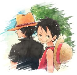 Rule 34 | 2boys, aco peda, back, black hair, black shirt, child, collared shirt, commentary request, hat, looking up, male focus, monkey d. luffy, multiple boys, one piece, orange headwear, portgas d. ace, profile, red shirt, scar, scar on face, shirt, short hair, short sleeves, signature, sky, sleeveless, sleeveless shirt, smile, straw hat, tree, upper body