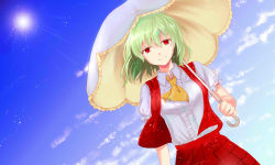 Rule 34 | 1girl, absurdres, ascot, bad id, bad pixiv id, blue sky, breasts, cloud, collared shirt, day, green hair, highres, kazami yuuka, light particles, light rays, long skirt, looking at viewer, medium breasts, open clothes, open vest, parasol, perspective, plaid, plaid skirt, plaid vest, red eyes, shirt, short hair, short sleeves, skirt, sky, solo, sor (mens0011), sun, sunlight, touhou, umbrella, upper body, vest, white shirt, wind