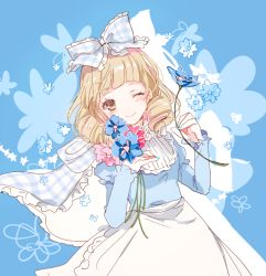 Rule 34 | blonde hair, bow, brown eyes, dress, drill hair, eric knikki, flower, hair bow, jessica (jinrou judgment), jinrou judgment, long hair, looking at viewer, one eye closed, puffy sleeves, smile, solo