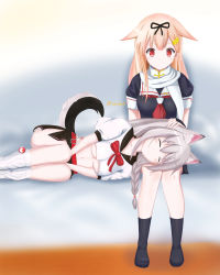 Rule 34 | animal ears, azur lane, black ribbon, blonde hair, braid, breasts, closed eyes, clothing request, commentary request, crossover, dog ears, dog tail, hair flaps, hair ornament, hair ribbon, highres, historical name connection, kantai collection, lap pillow, long hair, looking at another, name connection, red eyes, red ribbon, ribbon, school uniform, silver hair, simple background, single braid, socks, solakaki, tail, thighs, underboob, white background, yuudachi (azur lane), yuudachi (kancolle)