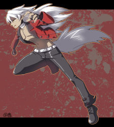 Rule 34 | 1boy, disgaea, fenrich (disgaea), fingerless gloves, full body, gloves, jacket, letterboxed, long hair, makai senki disgaea 4, male focus, pants, pointy ears, red background, running, topless male, shoes, solo, tail, tan, twitter username, white hair, wolf tail, yellow eyes, yu (kaburimono ex)