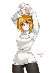 Rule 34 | 00s, 1girl, absurdres, arcueid brunestud, arms up, black pantyhose, blonde hair, blush, breasts, cleavage, cleavage cutout, clothing cutout, crotch seam, highres, looking at viewer, meme attire, nanaya777, no pants, open-chest sweater, panties, panties under pantyhose, pantyhose, red eyes, short hair, simple background, slit pupils, solo, sweater, tsukihime, turtleneck, underwear, white background