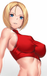 Rule 34 | 1girl, armpit crease, blonde hair, blue eyes, blue mary, bra, breasts, fatal fury, from below, gradient background, grey background, highres, large breasts, covered erect nipples, nipples visible through clothes, parted bangs, parted lips, red bra, short hair, simple background, smile, solo, sports bra, takanashi-a, the king of fighters, underwear, upper body, white background