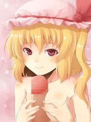 Rule 34 | 1girl, annponntan, blonde hair, breasts, censored, flandre scarlet, hat, long hair, looking at viewer, mosaic censoring, naizuri, paizuri, penis, pink background, red eyes, side ponytail, small breasts, solo focus, touhou