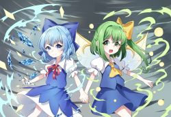 Rule 34 | 2girls, :d, ametama (runarunaruta5656), ascot, blue dress, blue eyes, blue hair, blush, cirno, closed mouth, collared shirt, commentary request, daiyousei, dress, fairy wings, flat chest, green eyes, green hair, hair between eyes, hair ribbon, happy, highres, holding hands, ice, ice wings, looking at viewer, multiple girls, neck ribbon, one side up, open mouth, pinafore dress, puffy short sleeves, puffy sleeves, red ribbon, ribbon, shirt, shoes, short hair, short sleeves, sidelocks, sleeveless dress, smile, touhou, white shirt, wing collar, wings, yellow ascot, yellow ribbon