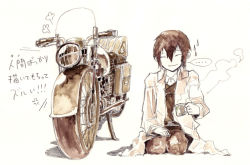 Rule 34 | 00s, 1girl, androgynous, artist request, black hair, cup, female focus, hermes (kino no tabi), kino (kino no tabi), kino no tabi, long coat, monochrome, motor vehicle, motorad, motorcycle, short hair, solo, steam, text focus, translation request, vehicle, white background