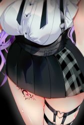 Rule 34 | absurdres, black background, black skirt, breasts, curly hair, head out of frame, high-waist skirt, highres, hololive, large breasts, leg tattoo, long hair, niku (hamuchang), o-ring, o-ring thigh strap, purple hair, shirt, shirt tucked in, skirt, sweat, tattoo, thick thighs, thigh strap, thighs, tokoyami towa, virtual youtuber, white shirt