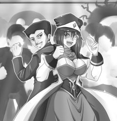 Rule 34 | 00s, 1boy, 1girl, absurdres, backbeard, breasts, character request, cleavage, facial hair, formal, forte stollen, galaxy angel, gegege no kitarou, greyscale, hat, highres, large breasts, madbros, military, military uniform, monochrome, monocle, mustache, peaked cap, short hair, uniform