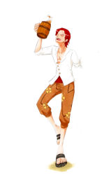 Rule 34 | 1boy, alcohol, amputee, beer, beer mug, cup, drink, full body, male focus, mug, one piece, red hair, sandals, sash, shanks (one piece), shirt, simple background, smile, solo, white background, white shirt