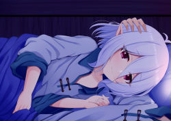 Rule 34 | 1boy, 1girl, antenna hair, bed, blush, closed mouth, collarbone, collared shirt, commentary request, grey shirt, hair between eyes, indoors, kokkoro (princess connect!), long sleeves, looking at viewer, lying, matching outfits, on back, on bed, on side, out of frame, pillow, pointy ears, pov across bed, princess connect!, purple eyes, shirt, silver hair, smile, solo focus, syurimp, under covers