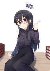 Rule 34 | 1girl, black hair, black skirt, blue eyes, blush, book, bow, breasts, glasses, hair bow, highres, kuramoto takato, long hair, looking at viewer, machikado mazoku, ogura shion, open mouth, simple background, skirt, small breasts, smile, solo, white background, wooden floor