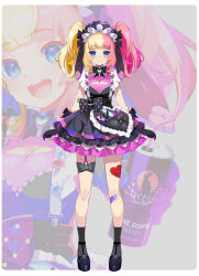 Rule 34 | 1girl, :d, animal ears, bandaid, bandaid on knee, bandaid on leg, bendy straw, black bow, black dress, black footwear, black gloves, black socks, blonde hair, blue eyes, bow, breasts, can, character request, cleavage, cleavage cutout, closed mouth, clothing cutout, commentary request, connectopia, dress, drinking straw, energy drink, fake animal ears, floppy ears, frilled dress, frills, gloves, grey background, heart, highres, holding, holding can, medium breasts, multicolored hair, multiple views, official art, open mouth, pilokey, pink hair, purple gloves, purple hair, rabbit ears, shoes, simple background, smile, socks, twintails, two-tone hair, virtual youtuber