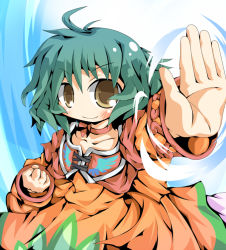 Rule 34 | 00s, 1girl, ahoge, bad id, bad pixiv id, blush, brown eyes, caraduki, carazuki, choker, clenched hand, dress, farah oersted, green hair, short hair, smile, solo, tales of (series), tales of eternia, vest