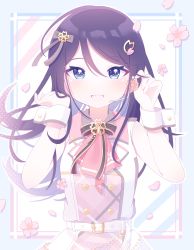 Rule 34 | 1girl, adjusting hair, adjusting headset, ascot, belt, black hair, black ribbon, border, buttons, chain, cherry blossoms, diagonal stripes, dot nose, double-breasted, floating hair, floral print, flower, gold trim, grey eyes, hands up, headset, highres, hoshino ichika (project sekai), light blue background, light blush, long hair, looking at viewer, neck ribbon, pale color, parted lips, pastel colors, petals, pink ascot, pink flower, plaid, polka dot, polka dot background, project sekai, ribbon, silver trim, single horizontal stripe, sleeveless, smile, solo, straight hair, striped, striped background, swept bangs, tsurime, upper body, vignetting, white background, white belt, wrist cuffs, yuki (33098065)