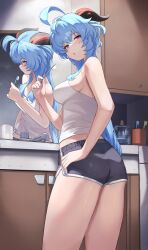 Rule 34 | 1girl, absurdres, ahoge, alternate costume, ass, bare arms, bare shoulders, bathroom, black shorts, blue hair, blue nails, breasts, cabinet, camisole, commentary request, contemporary, crop top, cup, dolphin shorts, dolri, faucet, from behind, ganyu (genshin impact), genshin impact, goat horns, hand up, highres, holding, holding toothbrush, horns, indoors, long hair, looking at viewer, looking back, medium breasts, midriff, nail polish, open mouth, purple eyes, purple hair, shirt, short shorts, shorts, sleeveless, sleeveless shirt, solo, standing, thighs, toothbrush, very long hair, white camisole, white shirt