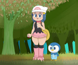 Rule 34 | 1girl, absurdres, bare arms, bare shoulders, black legwear, blue eyes, blue hair, boots, breasts, creatures (company), dawn (pokemon), forest, full body, game freak, gen 4 pokemon, grass, hat, highres, long hair, looking at viewer, lotikmac, matching hair/eyes, nature, nintendo, outdoors, parted lips, piplup, pleated skirt, poke ball, pokemon, pokemon (creature), pokemon dppt, skirt, small breasts, socks, standing, thick thighs, thighs