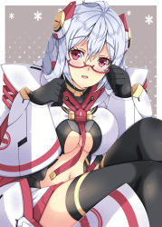 Rule 34 | 1girl, ahoge, arm guards, armor, bespectacled, black gloves, black thighhighs, blush, bodysuit, breasts, center opening, edea cluster, faulds, glasses, gloves, grey background, headgear, highres, large breasts, looking at viewer, matoi (pso2), milkpanda, navel, parted lips, phantasy star, phantasy star online 2, red-framed eyewear, short hair, shoulder pads, sitting, smile, snowflakes, solo, stomach, thighhighs, underboob