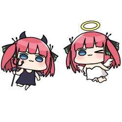 Rule 34 | :3, akino ell, angel, angel wings, black dress, blue eyes, blunt bangs, blush, butterfly hair ornament, chibi, demon, demon horns, demon wings, dress, flying, go-toubun no hanayome, hair ornament, halo, highres, horns, nakano nino, one eye closed, pink hair, polearm, simple background, trident, twintails, v-shaped eyebrows, weapon, white background, white dress, wings