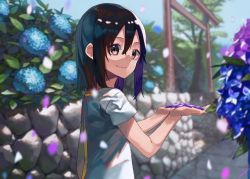 Rule 34 | 1girl, bad id, bad pixiv id, blurry, brown eyes, brown hair, bush, closed mouth, cupping hands, depth of field, flower, from side, hair between eyes, hydrangea, looking at viewer, looking back, original, outdoors, own hands together, petals, plant, retaining wall, shirt, short sleeves, smile, solo, torii, ukimesato, upper body, wall, white shirt
