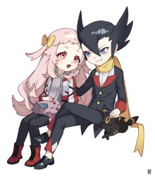 Rule 34 | 1boy, 1girl, bad id, bad pixiv id, black footwear, black hair, black thighhighs, blue eyes, boots, bow, buttons, commentary request, creatures (company), elite four, espeon, game freak, gen 2 pokemon, grey hoodie, grimsley (pokemon), hair bow, headpat, hood, hoodie, invisible chair, jacket, long hair, long sleeves, mongguri, nintendo, open clothes, open jacket, original, pants, pink hair, pokemon, pokemon (creature), pokemon bw, red footwear, scarf, shoes, sitting, thighhighs, umbreon, yellow bow, yellow scarf