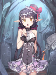 Rule 34 | 1girl, bare shoulders, black dress, black hair, blunt bangs, blush, collar, commentary request, dress, earrings, hat, highres, jewelry, long hair, looking at viewer, low twintails, mini hat, mini top hat, newey, open mouth, original, pointy ears, sleeveless, sleeveless dress, solo, standing, top hat, twintails, yellow eyes