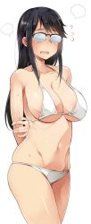 Rule 34 | 1girl, areola slip, bikini, black hair, blush, breasts, cleavage, collarbone, female focus, female pubic hair, glasses, groin, houkago teibou nisshi, large breasts, long hair, looking at viewer, oono makoto, open mouth, pubic hair, pubic hair peek, sawamura aoi, shiny skin, simple background, skindentation, smile, solo, standing, sweat, swimsuit, white background, white bikini