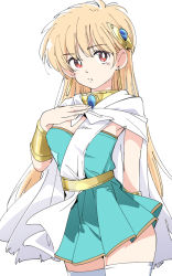 Rule 34 | 1girl, blonde hair, cape, dragon quest, dragon quest dai no daibouken, dress, green dress, hair ornament, ixy, long hair, looking at viewer, princess leona, red eyes, simple background, solo, thighhighs, white background, white cape, white thighhighs, zettai ryouiki