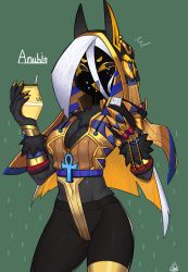 Rule 34 | 1girl, animal ears, ankh, anu (bugita), black eyes, black skin, blonde hair, blue gemstone, breasts, bugita, claw (weapon), cleavage, colored sclera, colored skin, covered navel, crack, drink, drinking straw, ear piercing, earrings, egyptian, egyptian clothes, fang, fingernails, food, food on face, gem, green background, hair between eyes, hatching (texture), highres, holding, holding drink, holding food, jewelry, long fingernails, long hair, multicolored hair, nail polish, onigiri, open mouth, orange sclera, original, piercing, sharp fingernails, signature, simple background, solo, sweat, sweatdrop, two-tone hair, weapon, white hair, yellow nails, zipper, zipper pull tab