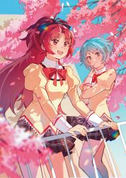 Rule 34 | 2girls, :d, absurdres, black skirt, blue eyes, blue hair, blue sky, blurry, blurry foreground, bow, bowtie, cherry blossoms, collared jacket, day, falling petals, feet out of frame, from side, hair bow, hair ornament, hairclip, hand on own shoulder, highres, jacket, juliet sleeves, long hair, long sleeves, looking ahead, mahou shoujo madoka magica, mahou shoujo madoka magica (anime), miki sayaka, mitakihara school uniform, multiple girls, open mouth, outdoors, petals, plaid, plaid skirt, ponytail, puffy sleeves, railing, red bow, red bowtie, red eyes, red hair, sakura kyoko, school uniform, short hair, skirt, sky, smile, standing, yellow jacket, ziyin
