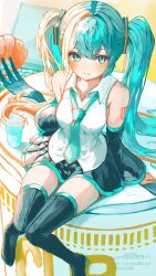 Rule 34 | 1girl, black thighhighs, fork, green hair, hatsune miku, highres, knees together feet apart, necktie, nissin cup noodle, shirubaa, sitting, solo, thighhighs, twintails, vocaloid, zettai ryouiki