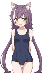Rule 34 | 1girl, animal ear fluff, animal ears, arms behind back, bare arms, bare shoulders, blue one-piece swimsuit, blush, breasts, cat ears, collarbone, covered navel, fang, green eyes, highres, karyl (princess connect!), long hair, looking at viewer, multicolored hair, old school swimsuit, one-piece swimsuit, open mouth, princess connect!, purple hair, school swimsuit, simple background, small breasts, solo, streaked hair, swimsuit, takasuma hiro, very long hair, wavy mouth, white background, white hair