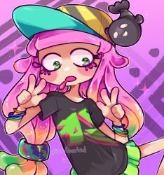 Rule 34 | 1girl, artist name, baseball cap, black shirt, bracelet, clownfish, colored eyelashes, cowboy shot, double v, drooling, fish, gradient hair, green eyes, green hair, green skirt, harmony&#039;s clownfish (splatoon), harmony (splatoon), hat, highres, iamfixated, jewelry, long hair, looking down, miniskirt, multicolored clothes, multicolored hair, multicolored hat, multiple bracelets, nintendo, no eyebrows, no nose, open mouth, outline, pink hair, pink pupils, purple background, sea anemone, shirt, short sleeves, signature, single bare leg, skirt, solo, sparkle, splatoon (series), splatoon 3, striped clothes, striped headwear, tentacle hair, tropical fish, twitter username, two-tone hair, v, white outline