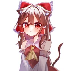 Rule 34 | 1girl, animal ear fluff, ascot, bow, brown hair, collared shirt, commentary request, detached sleeves, frilled bow, frilled hair tubes, frills, hair bow, hair tubes, hakurei reimu, highres, kemonomimi mode, long hair, looking at viewer, mizz, pixel art, red bow, red eyes, red shirt, red vest, shirt, sidelocks, simple background, sleeveless, sleeveless shirt, tail, touhou, vest, white background, white sleeves, wide sleeves, yellow ascot
