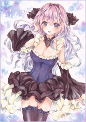Rule 34 | 1girl, arm warmers, bad id, bad pixiv id, black thighhighs, blue eyes, border, breasts, cleavage, collar, colored pencil (medium), contrapposto, dress, frilled skirt, frills, gradient background, gradient hair, hair intakes, hair ribbon, hand in own hair, long hair, looking at viewer, marker (medium), medium breasts, multicolored hair, open mouth, original, painting (medium), potto, potto (minntochan), ribbon, sample watermark, skirt, solo, standing, strapless, strapless dress, thighhighs, traditional media, watercolor (medium), watermark, zettai ryouiki