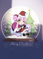 Rule 34 | 1girl, black footwear, blue archive, blush, boots, capelet, christmas, hat, holding, holding sack, long hair, merry christmas, mika (blue archive), one eye closed, open mouth, pink hair, pom pom (clothes), red capelet, red hat, sack, santa costume, santa hat, shadowsinking, smile, snow globe, solo, yellow background