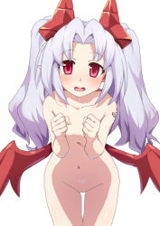 Rule 34 | 1girl, blush, clenched hands, collarbone, cowboy shot, elma (makai shin trillion), hair ornament, leaning forward, long hair, low wings, makai shin trillion, mdf an, navel, open mouth, parted bangs, pointy ears, red eyes, red wings, shoulder tattoo, simple background, solo, tattoo, very long hair, white background, white hair, wings