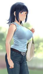 Rule 34 | 1girl, alternate costume, aqua eyes, bag, blue hair, blue pants, blue shirt, blush, breasts, casual, commentary request, denim, highres, jeans, kantai collection, large breasts, long hair, looking at viewer, pants, shirt, short sleeves, shoulder bag, smile, solo, souryuu (kancolle), standing, superman logo, swept bangs, wa (genryusui)