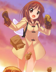 Rule 34 | 1girl, :o, backpack, bag, blush, bottomless, brown hair, censored, cleft of venus, cloud, coat, convenient censoring, embarrassed, fish, flat chest, food, groin, hairband, holding, hood, kanon, looking at viewer, mittens, nanakorobi, no panties, open mouth, outdoors, paper bag, pink eyes, plaid, public indecency, pussy, pussy peek, randoseru, sky, solo, spill, standing, sunset, surprised, taiyaki, tsukimiya ayu, wagashi, wings