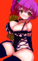 Rule 34 | 1girl, alternate costume, alternate hairstyle, amii, bad id, bad pixiv id, blush, breasts, brown hair, curvy, elbow gloves, eyebrows, gloves, gradient hair, hand on own chest, hijiri byakuren, lace, large breasts, lingerie, multicolored hair, no nose, purple hair, side ponytail, simple background, skindentation, smile, solo, thick thighs, thighs, touhou, underwear, wide hips, yellow eyes
