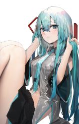 Rule 34 | 1girl, aqua hair, blush, breasts, commentary, hair ornament, hatsune miku, highres, long hair, long sleeves, looking at viewer, medium breasts, navel, necktie, plaid, plaid skirt, poharo, simple background, skirt, smile, solo, very long hair, vocaloid, white background
