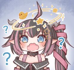 Rule 34 | 1girl, ?, @ @, ahoge, belt, belt collar, black belt, black hair, black jacket, blue eyes, blush, bra, collar, commentary request, demon girl, demon horns, fangs, flower, grey horns, hair flower, hair ornament, hair ribbon, highres, horns, jacket, long hair, looking at viewer, medium bangs, multicolored hair, nanashi inc., off shoulder, oinomori may, oinomori may (1st costume), one side up, open mouth, pink bra, pink hair, pink ribbon, pointy ears, powercandy, ribbon, rubber duck, seeing stars, solo, two-tone hair, underwear, upper body, virtual youtuber, wavy mouth