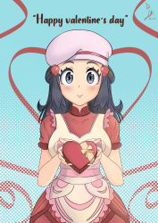 Rule 34 | absurdres, apron, bad id, bad twitter id, blue eyes, blue hair, blush, breasts, commentary, creatures (company), dawn (palentine&#039;s 2021) (pokemon), dawn (pokemon), dress, english commentary, food, fruit, game freak, gift, hair ornament, hairclip, hat, heart, highres, laceysx, lipstick, looking at viewer, makeup, medium breasts, medium hair, nintendo, pokemon, pokemon masters ex, red dress, ribbon, solo, strawberry, valentine