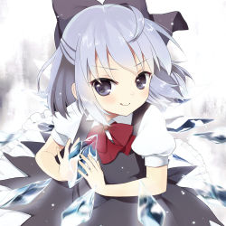 Rule 34 | 1girl, :q, blue dress, blue eyes, blue hair, blush, bow, cirno, dress, hair bow, ice, ice wings, lace, lace-trimmed skirt, lace trim, matching hair/eyes, neck ribbon, perfect cherry blossom, puffy sleeves, purin jiisan, ribbon, short hair, short sleeves, simple background, skirt, smile, snow, solo, tongue, tongue out, touhou, wings