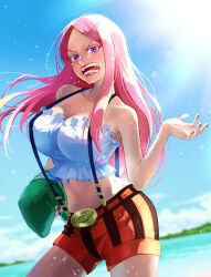 Rule 34 | 1girl, anti-eyebrow piercing, bare shoulders, belt, blue eyes, blue sky, blurry, blurry background, blush, breasts, cleavage, cloud, collarbone, colored eyelashes, commentary request, contrapposto, cowboy shot, day, eyelashes, fingernails, floating hair, forehead, frilled shirt, frills, green hat, hand up, hat, highres, holding, holding clothes, holding hat, jewelry bonney, large breasts, lens flare, light rays, lips, long hair, midriff, moroi, nail polish, navel, one piece, open mouth, orange belt, outdoors, parted bangs, piercing, pink hair, red nails, shirt, short shorts, shorts, sidelocks, signature, sky, solo, standing, stomach, strapless, strapless shirt, striped clothes, striped shorts, sun, sunlight, suspender shorts, suspenders, teeth, tongue, unworn hat, unworn headwear, v-shaped eyebrows, vertical-striped clothes, vertical-striped shorts, water, wet, white shirt