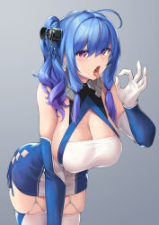 Rule 34 | 1girl, absurdres, ahoge, azur lane, bare shoulders, bent over, blue hair, breasts, cleavage, cowboy shot, detached sleeves, dress, fellatio gesture, garter straps, gloves, gradient hair, grey background, hair ornament, hand up, highres, large breasts, long hair, long sleeves, looking at viewer, multicolored hair, open mouth, pink eyes, rebutsu, short sleeves, side ponytail, sideboob, simple background, solo, st. louis (azur lane), standing, thighs, tongue, tongue out, white dress, white gloves