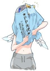 Rule 34 | 1girl, ^^^, amane kanata, angel wings, blue hair, blue shirt, clothes writing, colored inner hair, covered face, cowboy shot, dressing, grey pants, halo, highres, hololive, midriff, multicolored hair, navel, pants, shirt, short hair, silver hair, simple background, solo, star halo, streaked hair, sweatpants, t-shirt, torn clothes, torn shirt, two-tone hair, virtual youtuber, white background, wings, yuyaiyaui