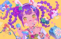 Rule 34 | 1girl, :&lt;, animal ears, antique phone, apple, ball, bandage on face, bandages, beachball, bead bracelet, beads, bow, bracelet, braid, buttons, egg (food), facepaint, fish, flower, food, frown, fruit, hair bow, hair flower, hair ornament, hand on own face, heart, highres, holding, holding phone, iroidori4422, jewelry, looking to the side, multiple braids, nail polish, necklace, original, phone, purple hair, rabbit ears, rainbow, ring, rotary phone, sailor collar, scissors, seahorse, stuffed animal, stuffed toy, teddy bear, toy car, unicorn, yellow background, yellow eyes