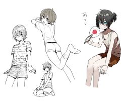 Rule 34 | 4boys, bad id, bad pixiv id, bare shoulders, blue eyes, erubo, hand fan, male focus, multiple boys, partially colored, seiza, shirt, shorts, sitting, socks, striped clothes, striped shirt, tank top, white background